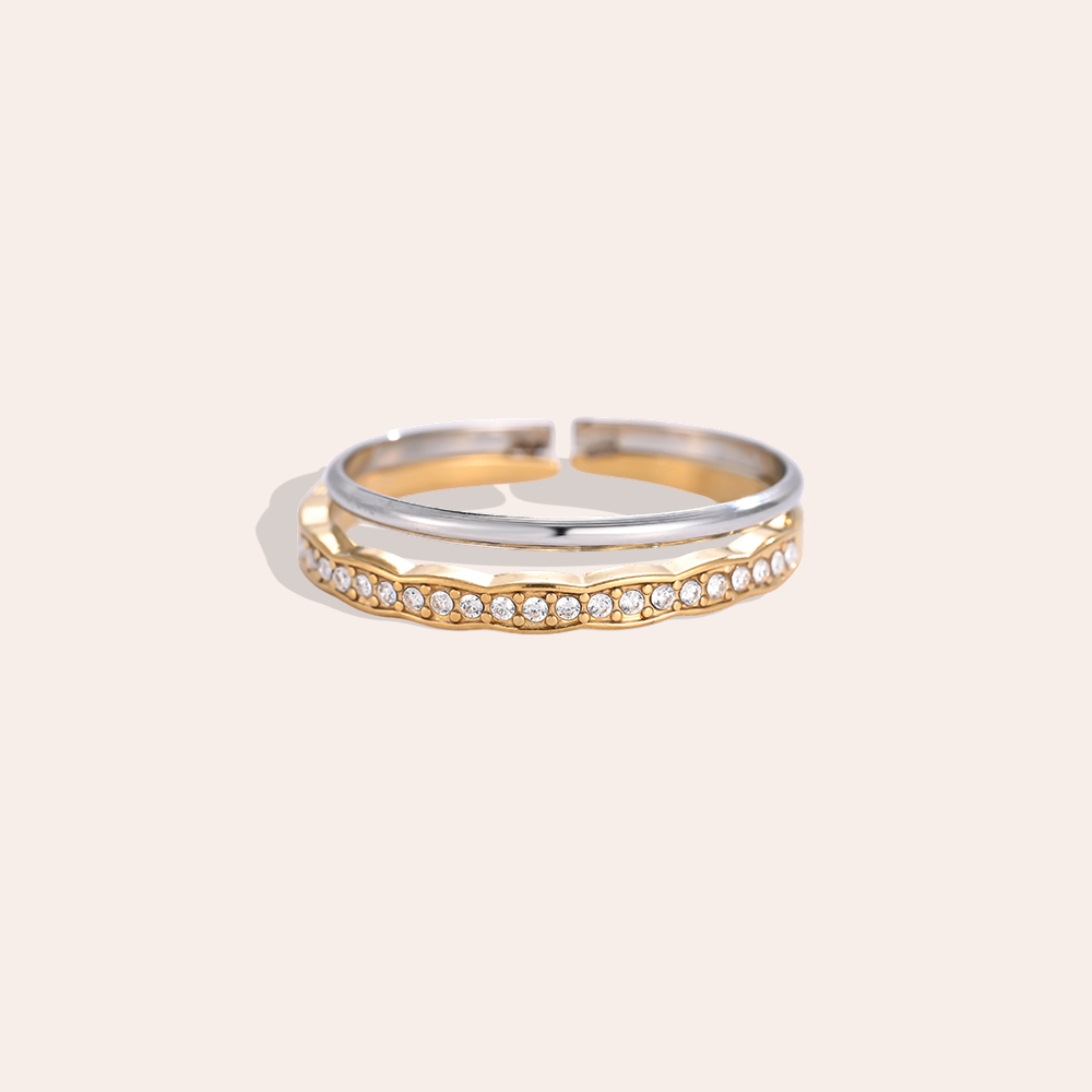 Edelstahl Ring Verstellbar Zweifarbiger Doppelring Leichte Wellenform mit kleinen Zirkonia  