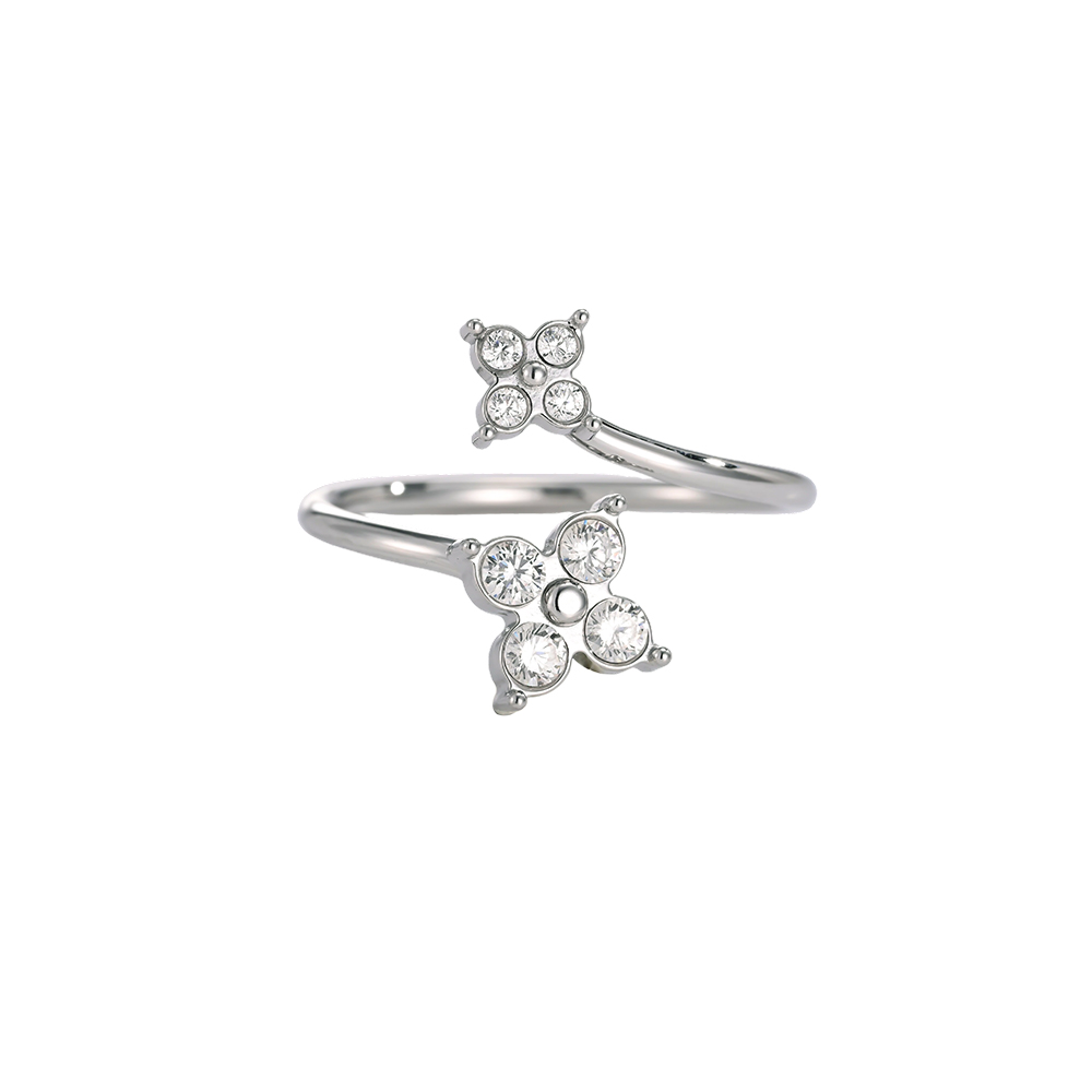 Edelstahl Ring Verstellbar Doppel Kleeblatt Zirkonia 