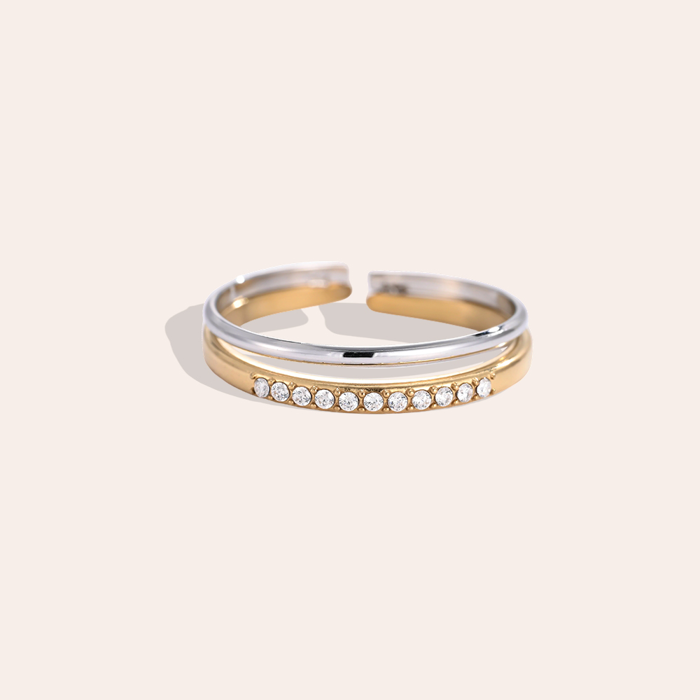 Edelstahl Ring Verstellbar Zweifarbiger Doppelring mit kleinen Zirkonia