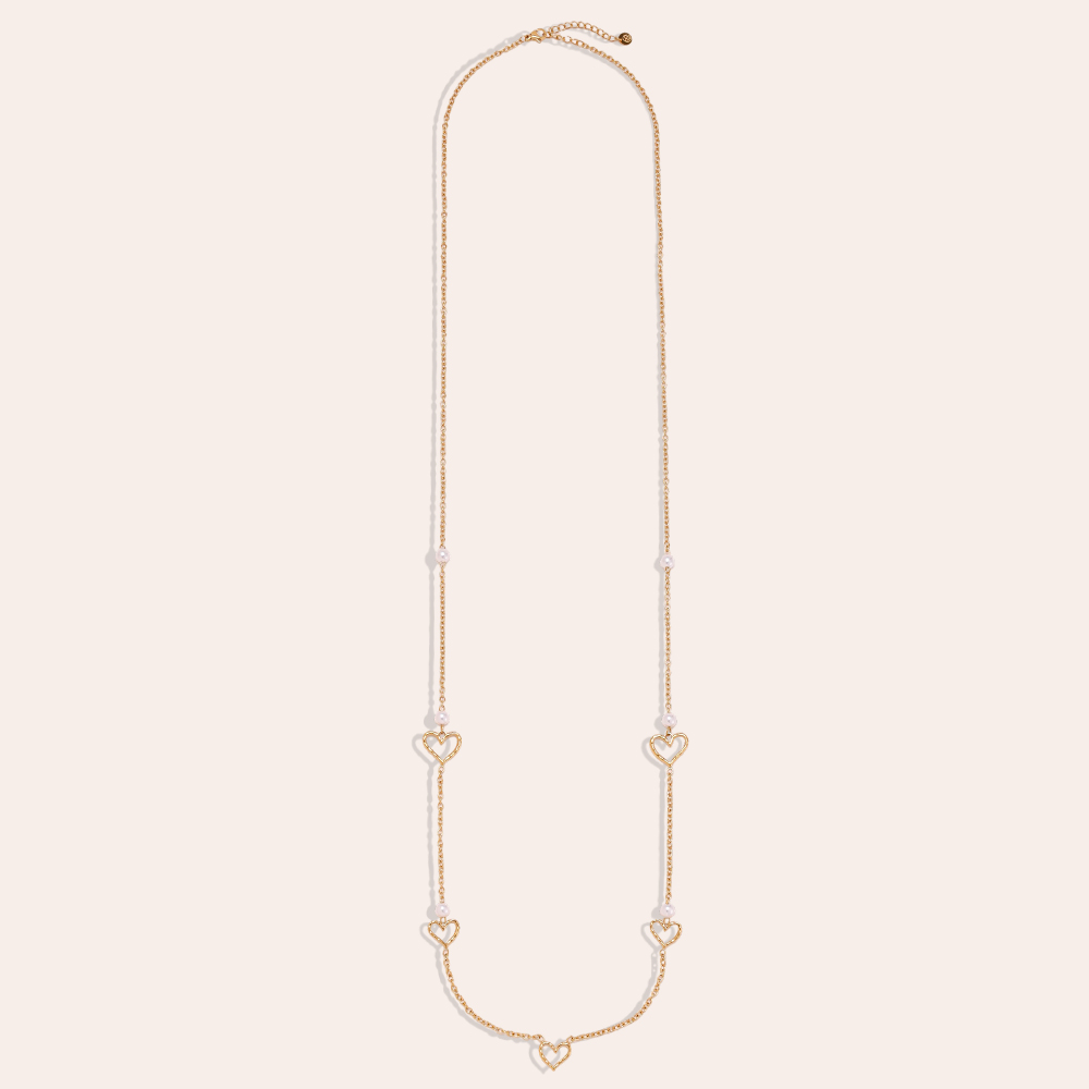 Edelstahl Halskette 95cm Offenes Herz Perlen