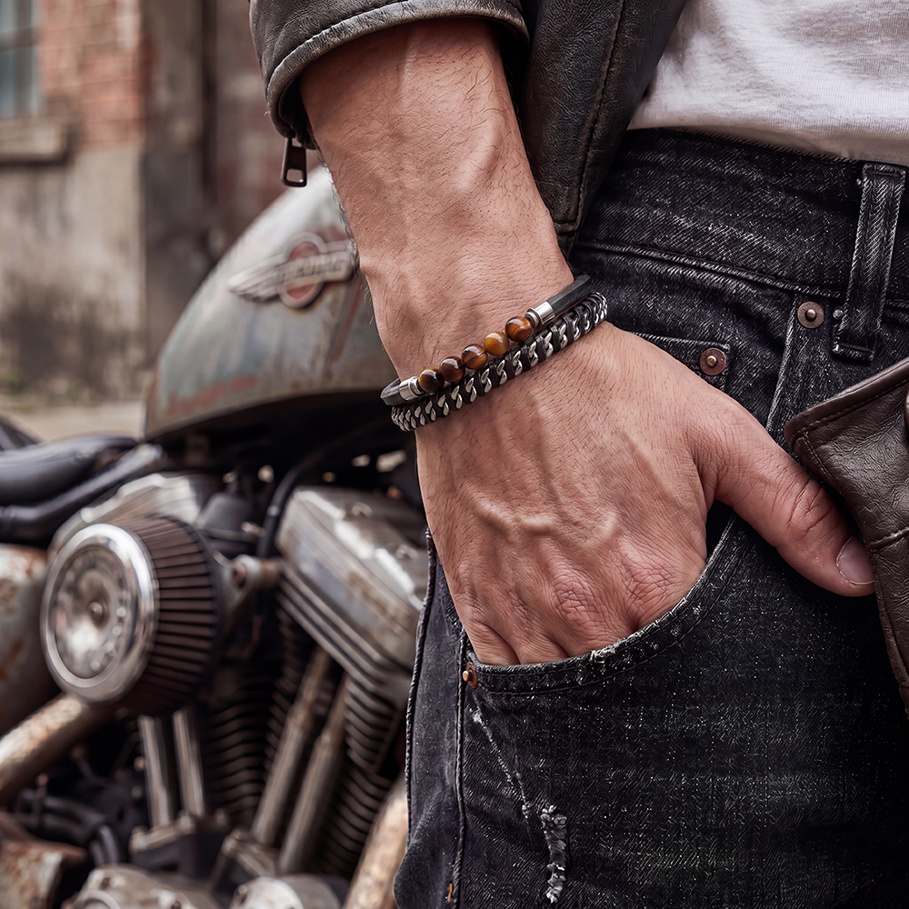 Edelstahl Armband PU Mehrreihige Kette mit Naturstein