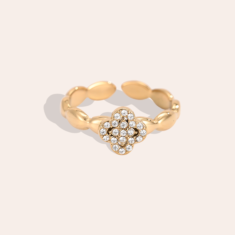 Edelstahl Ring Verstellbar Einzel Kleeblatt Zirkonia 