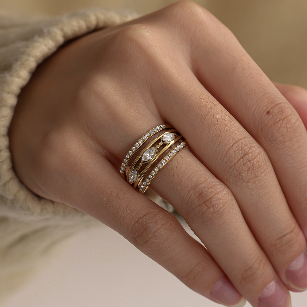 Edelstahl Ring Verstellbarer Dreilagiger mit einige Zirkonia 