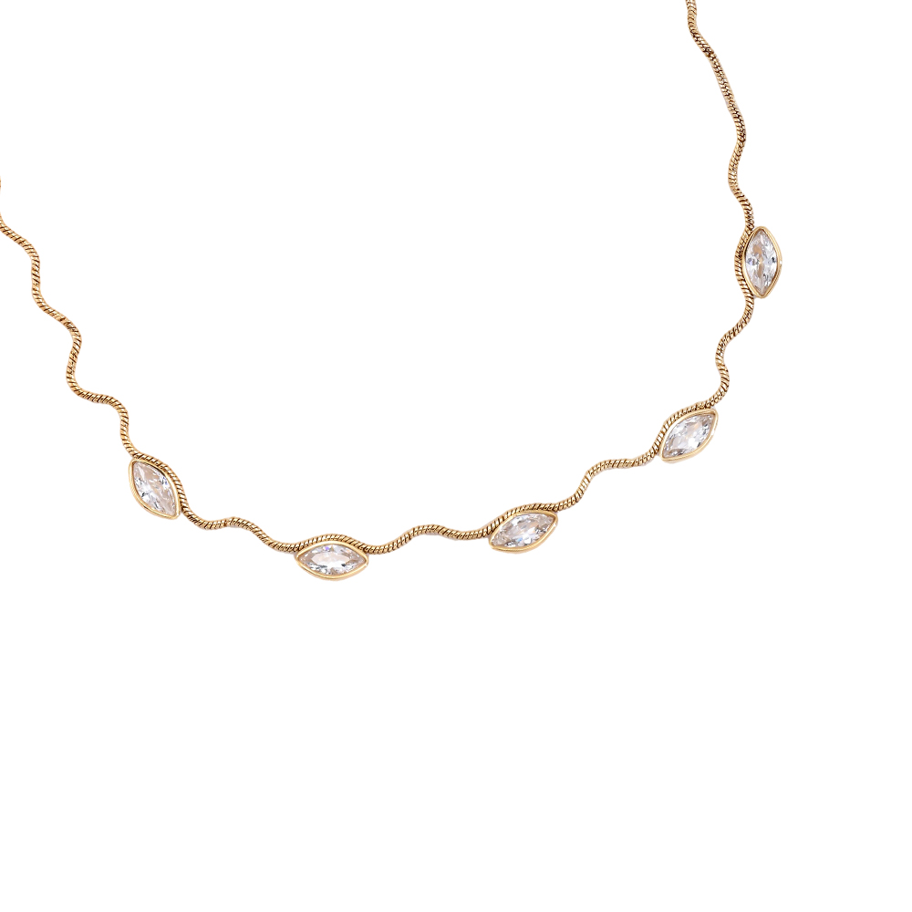 Edelstahl Halskette 42cm Wellenkette mit Auge Zirkonia