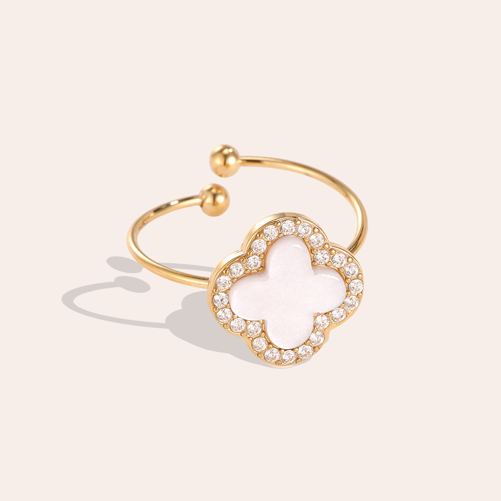 Edelstahl Ring Verstellbarer Acryl Kleeblatt mit einem Zirkonia Rand