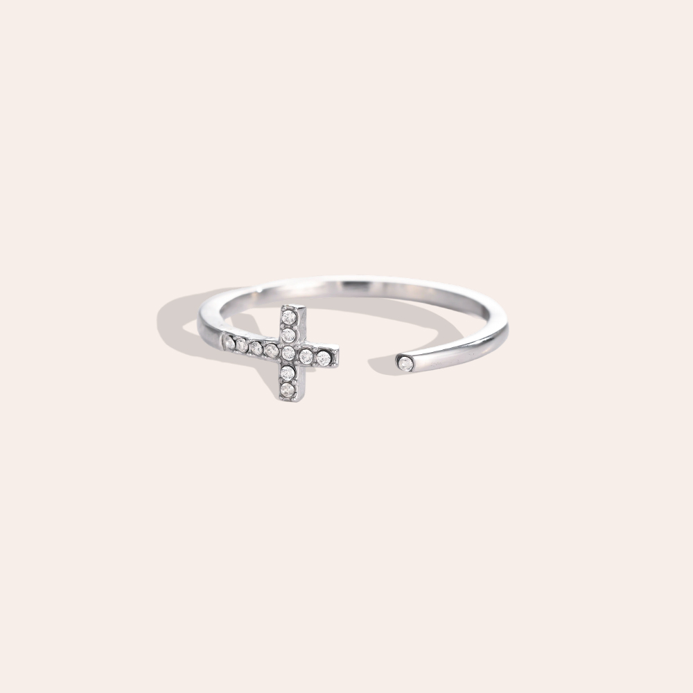 Edelstahl Ring Verstellbarer Kreuz mit Zirkonia