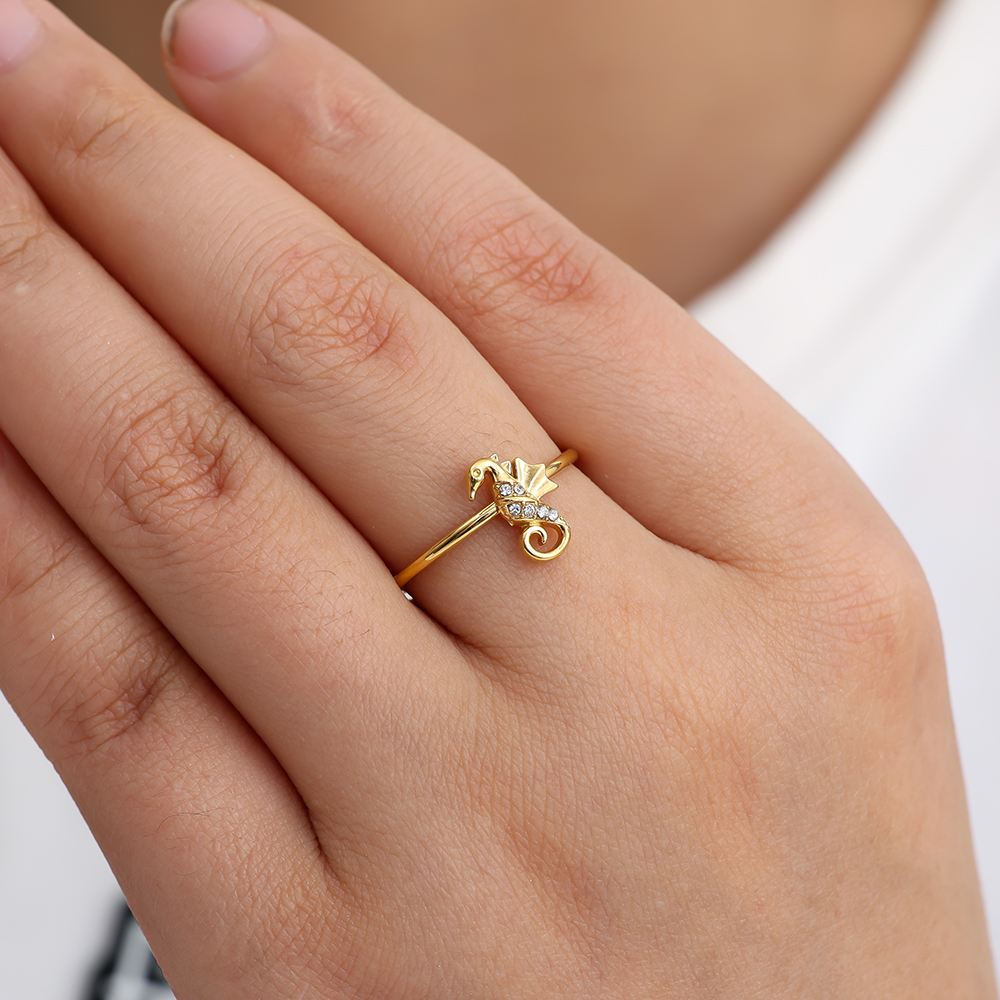 Edelstahl Ring Diamond Sea Horse