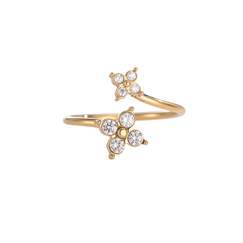 Edelstahl Ring Verstellbar Doppel Kleeblatt Zirkonia 
