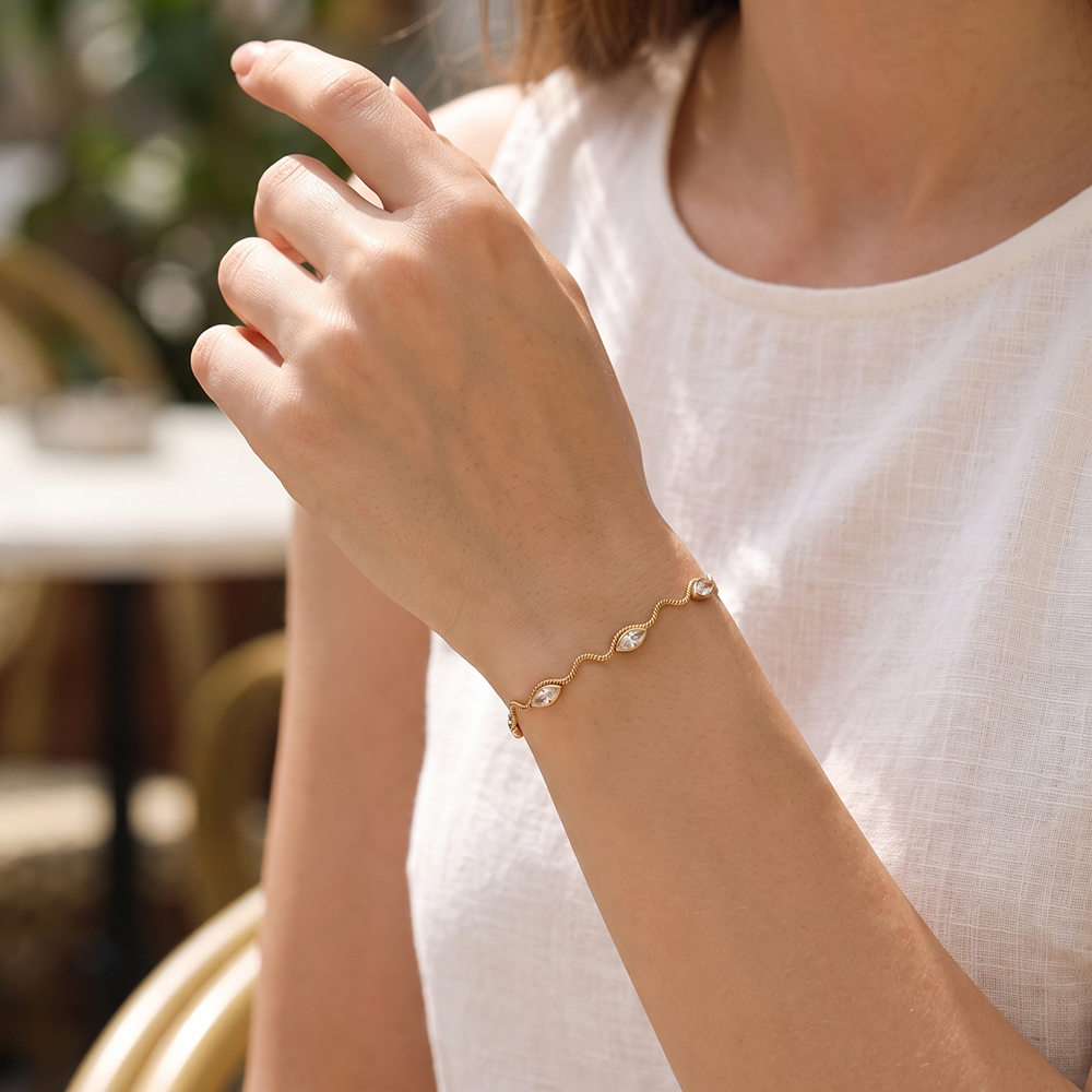 Edelstahl Armband 17cm Wellenkette mit Auge Zirkonia