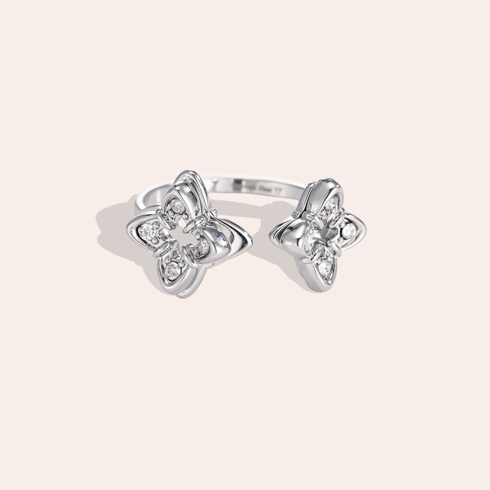 Edelstahl Ring Verstellbar Doppel Kleeblatt Zirkonia