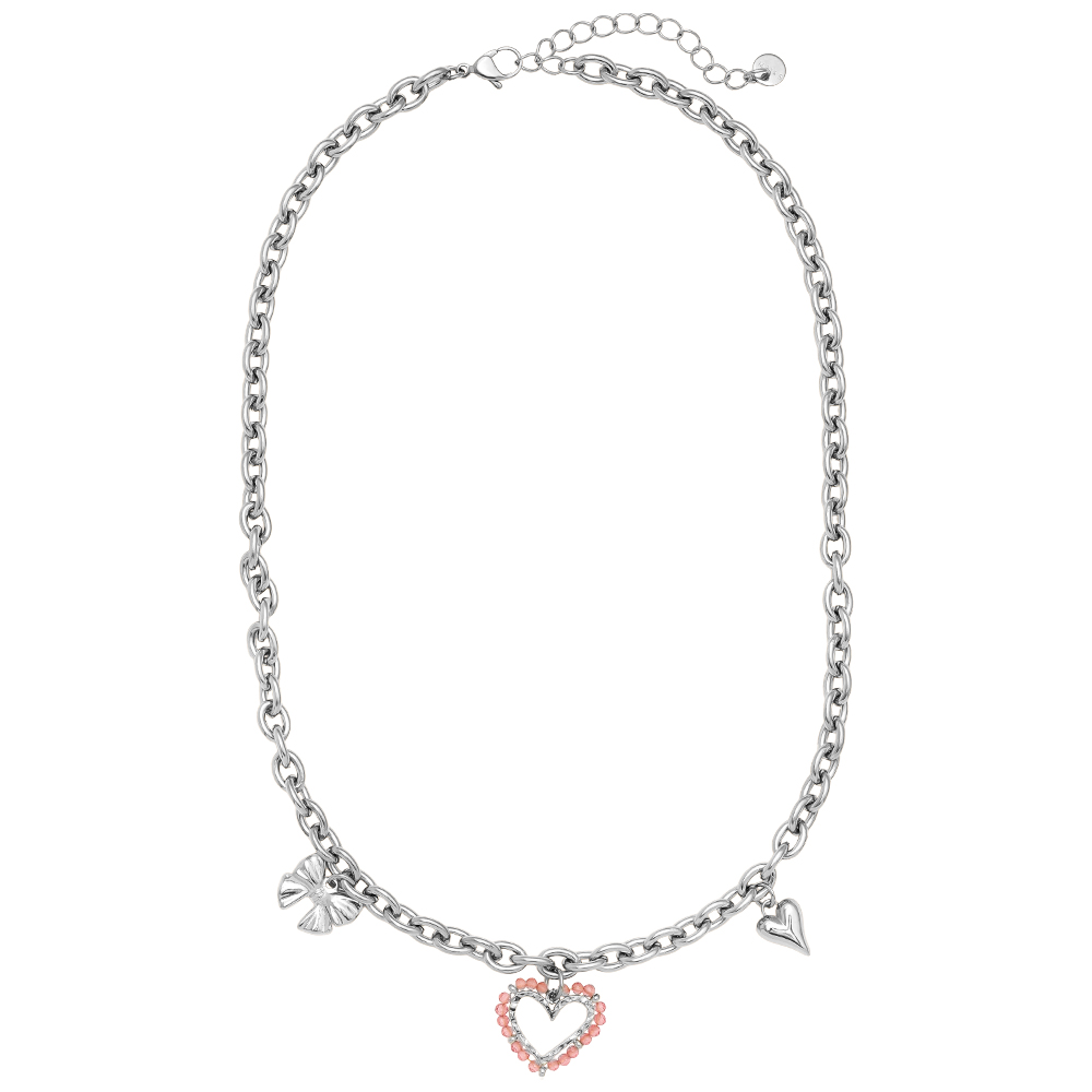Edelstahl Halskette 42cm Pink Heart And Charms