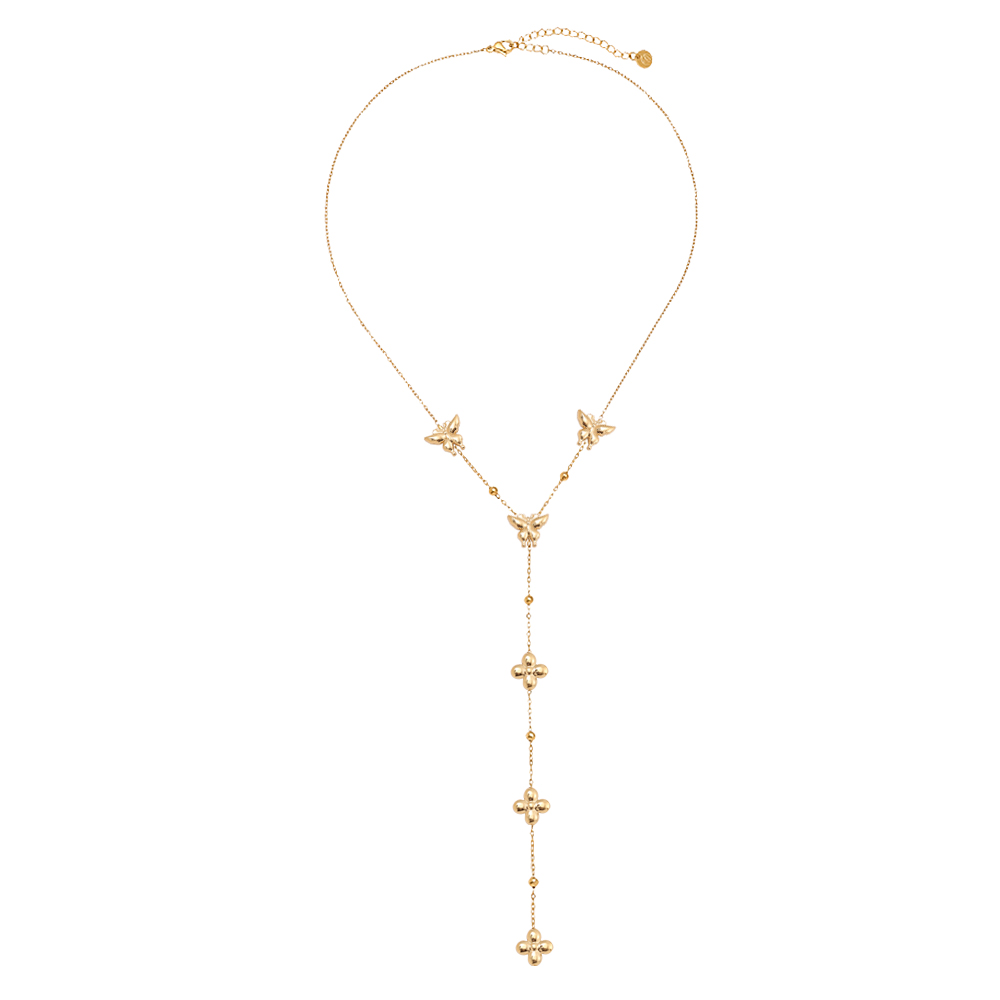 Edelstahl Halskette 41cm Y-Kette mit Schmetterling und Blumen