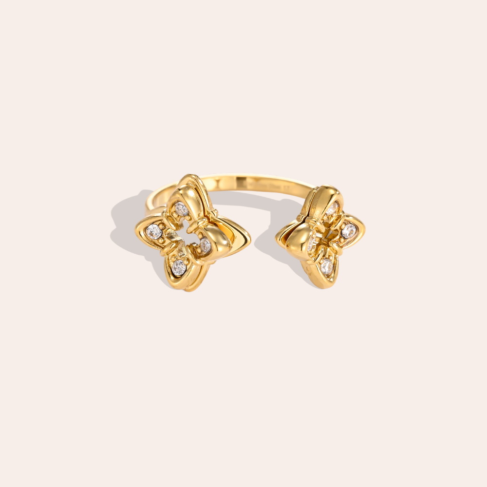 Edelstahl Ring Verstellbar Doppel Kleeblatt Zirkonia