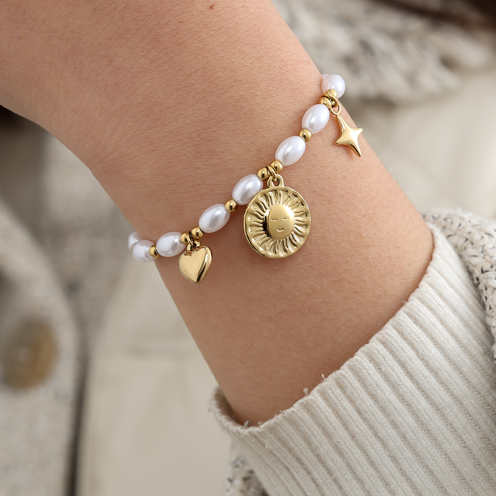 Edelstahl Armband 17cm Pearl Chain With Charms