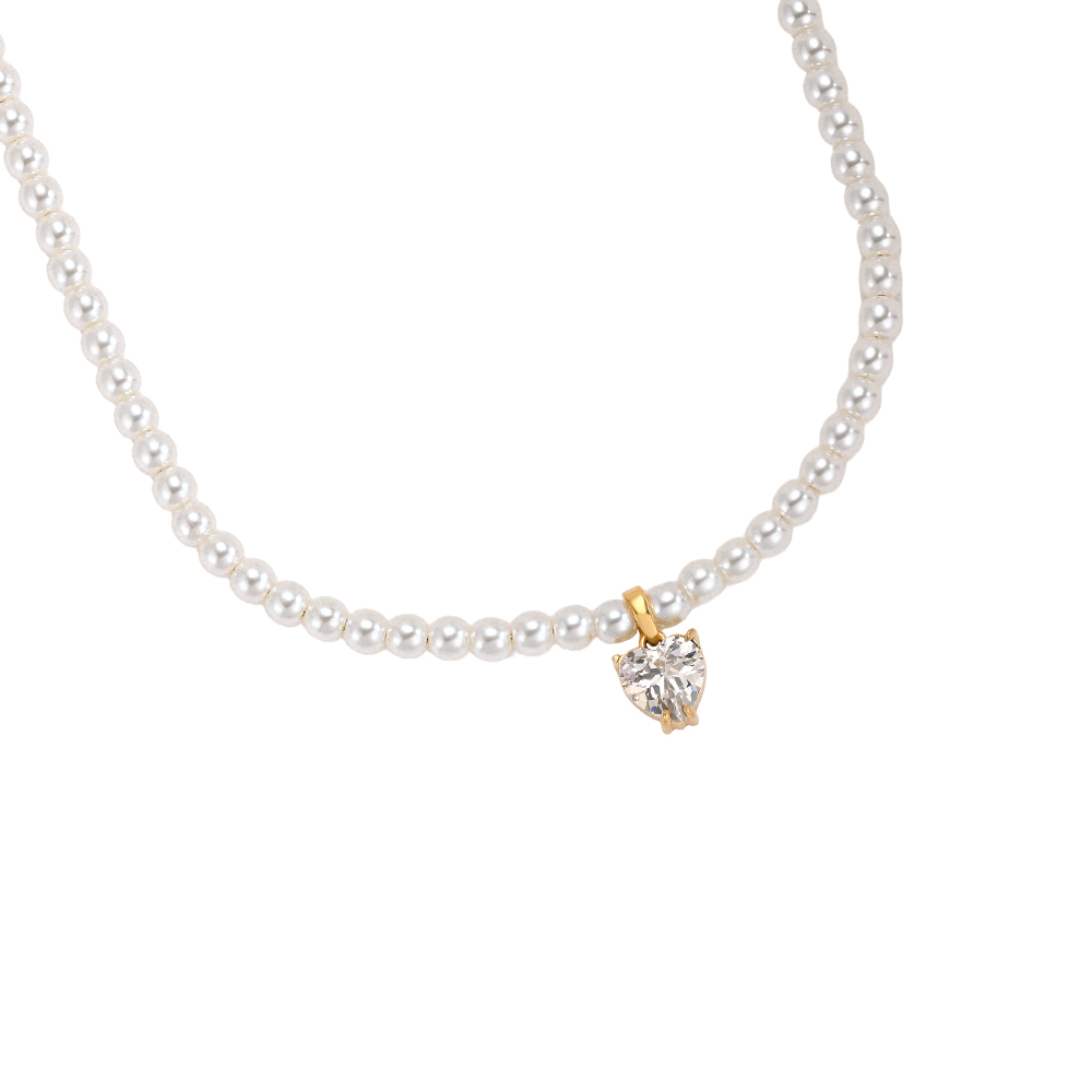 Edelstahl Halskette 39cm Herz Zirkonia und Perlenkette  
