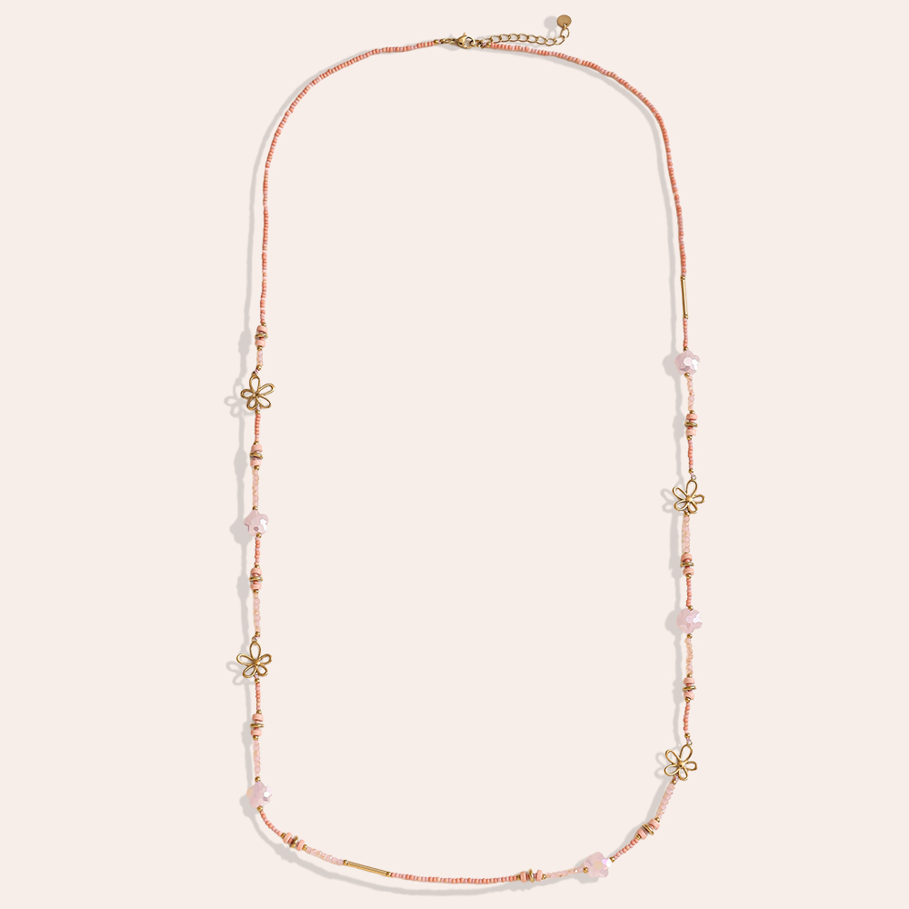 Edelstahl Halskette 94cm kleine Harzperlenkette mit goldenen Blumen
