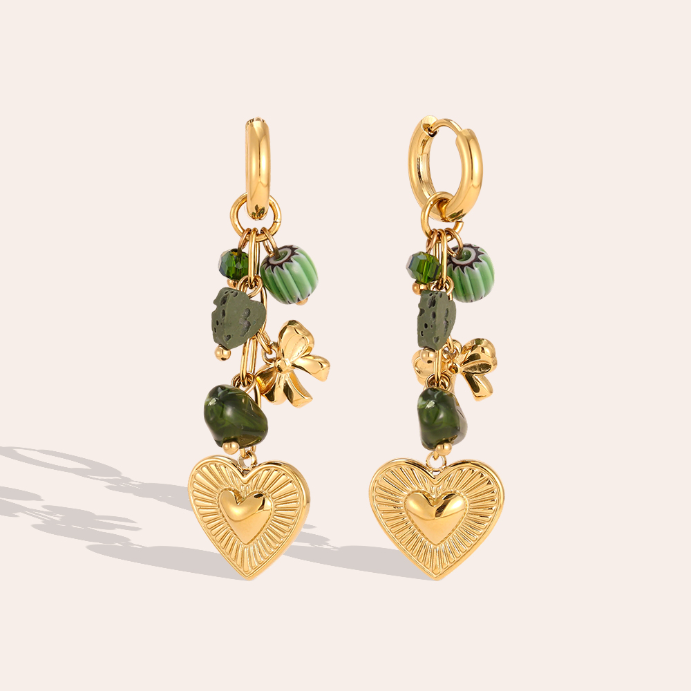 Edelstahl Ohrringe 55*16mm Goldene Herzen und Grüne Deko