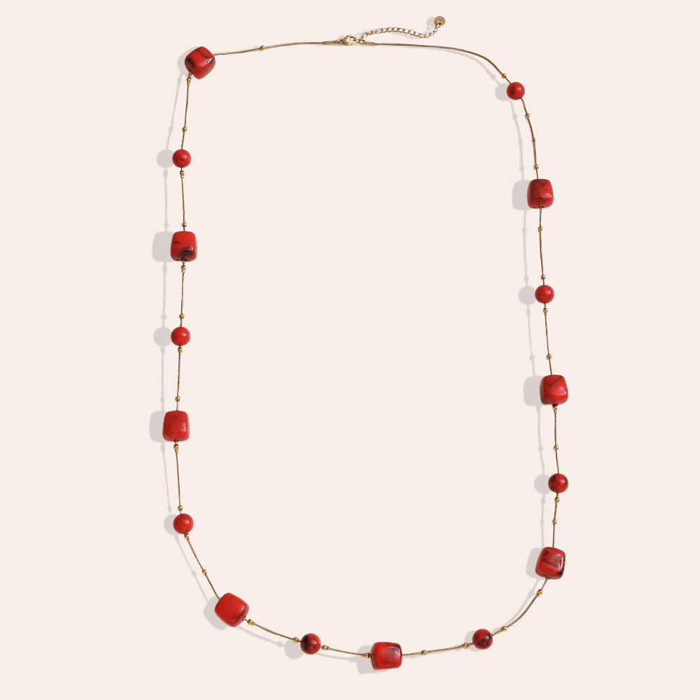 Edelstahl Halskette 90cm Harzwürfel und Perlchen