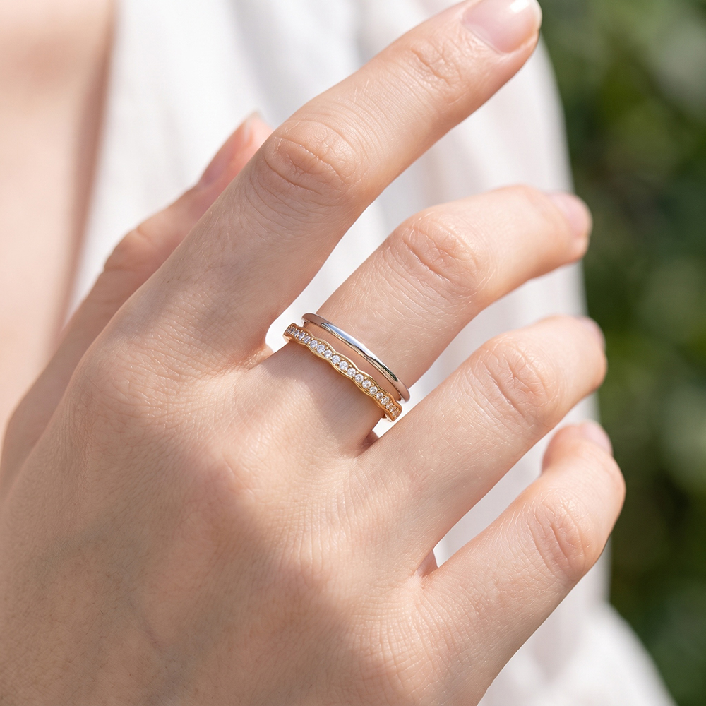 Edelstahl Ring Verstellbar Zweifarbiger Doppelring Leichte Wellenform mit kleinen Zirkonia  