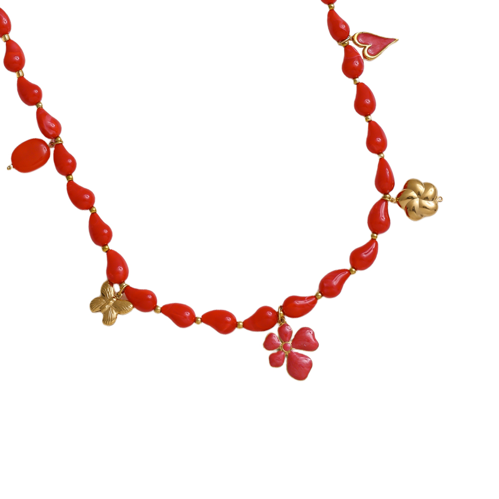 Edelstahl Halskette 89cm Kette mit Harztropfen und goldenen Schmetterling, Blume, Herz