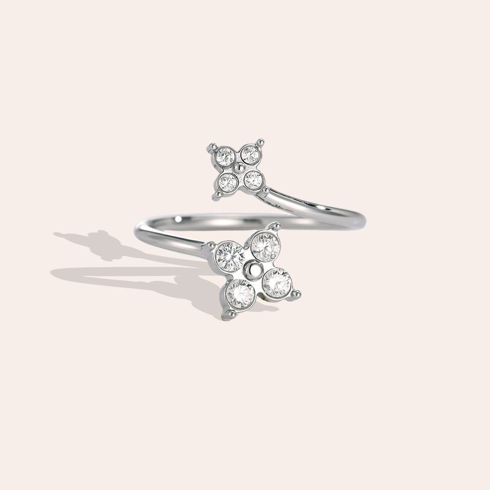 Edelstahl Ring Verstellbar Doppel Kleeblatt Zirkonia 