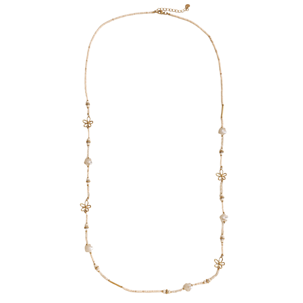 Edelstahl Halskette 94cm kleine Harzperlenkette mit goldenen Blumen
