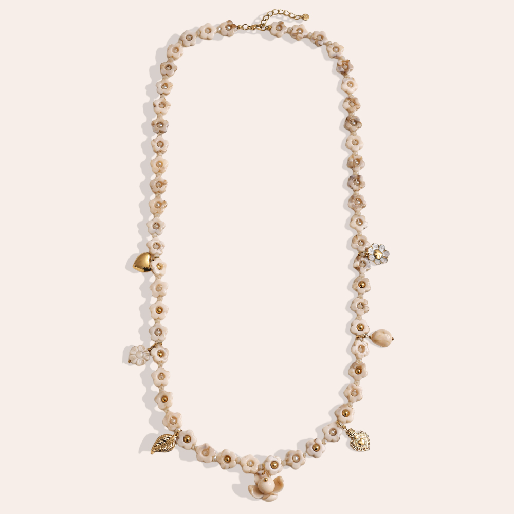 Edelstahl Halskette 90cm Harzblumen-Kette mit Charms