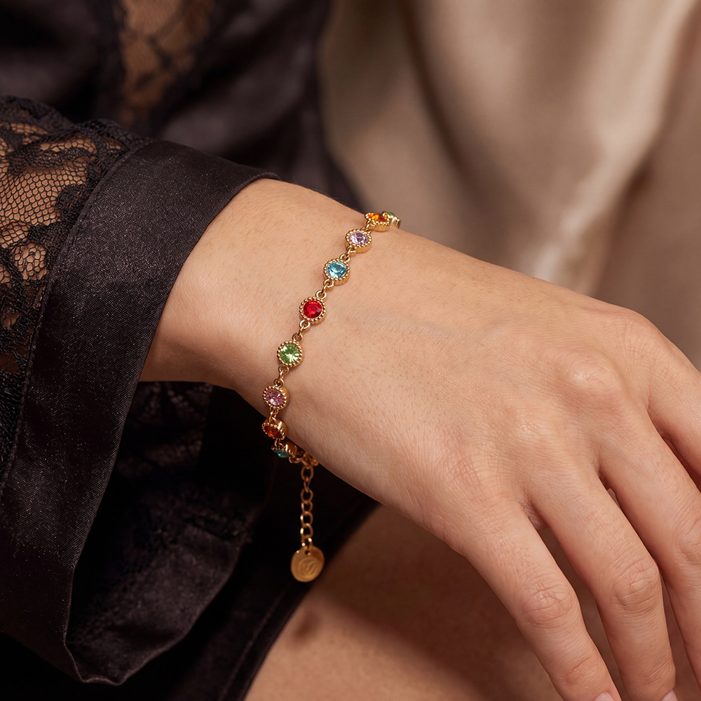 Edelstahl Armband 17cm viele bunte funkelnde Zirkonia    