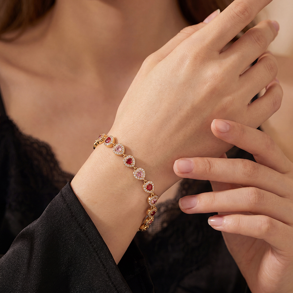 Edelstahl Armband 17cm Rosatöne Herz funkelnde Zirkonia     