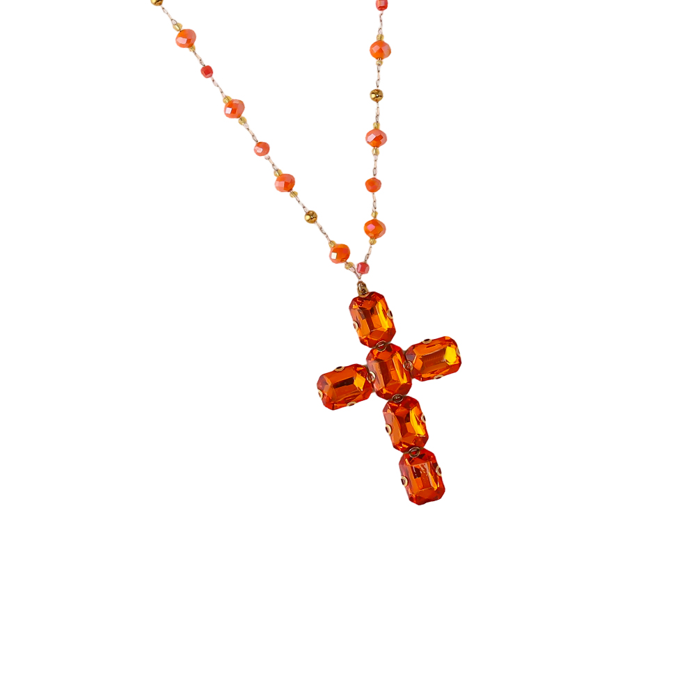 Edelstahl  Halskette 86cm Glass Kristall Kreuz 