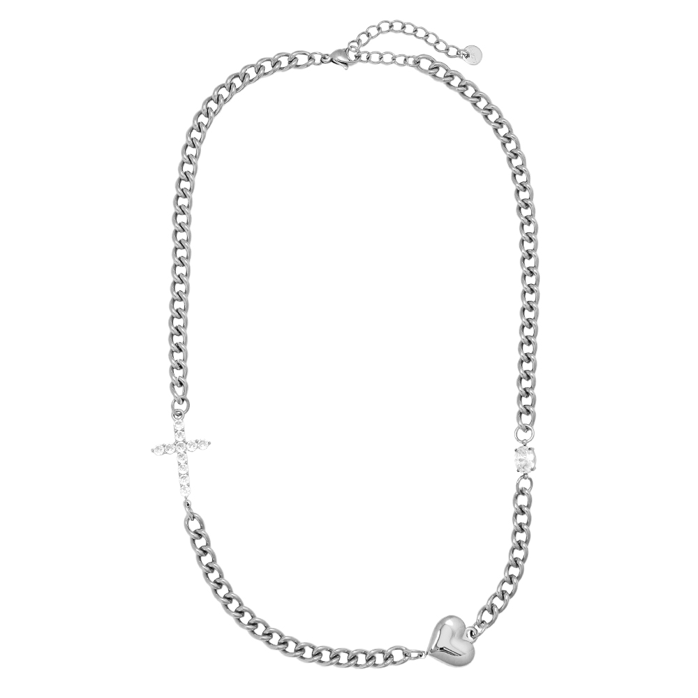 Edelstahl Halskette 45cm Heart And Diamond Cross