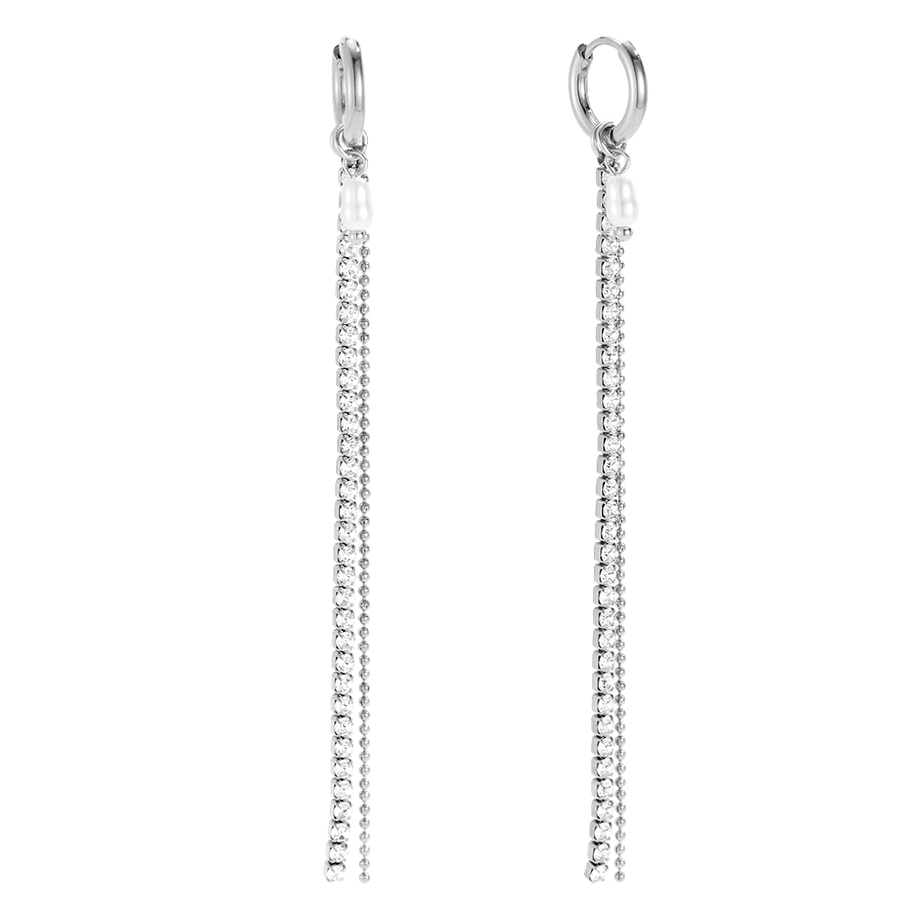 Edelstahl Ohrringe 91*12mm Perlen und Zirkonia Kette