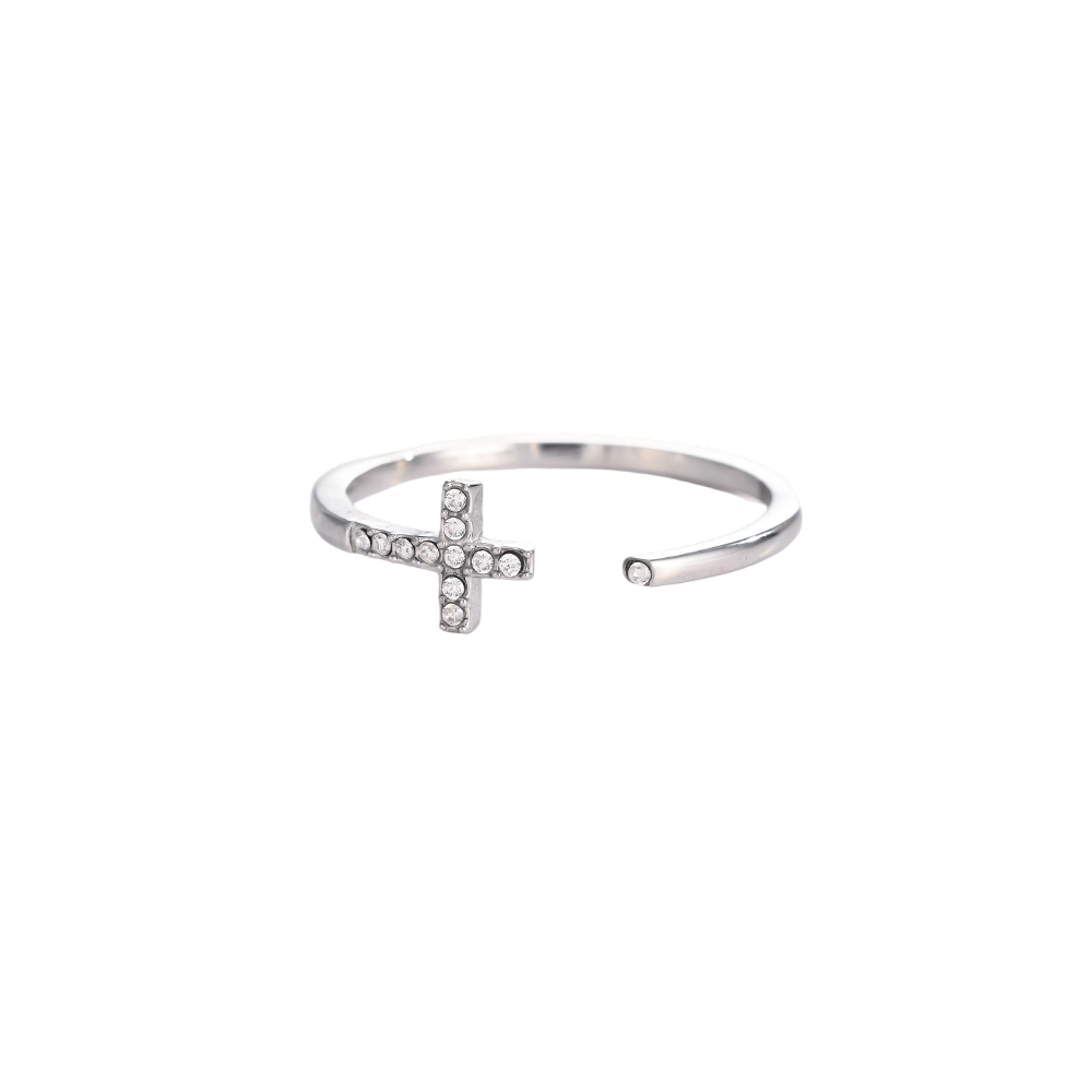 Edelstahl Ring Verstellbarer Kreuz mit Zirkonia