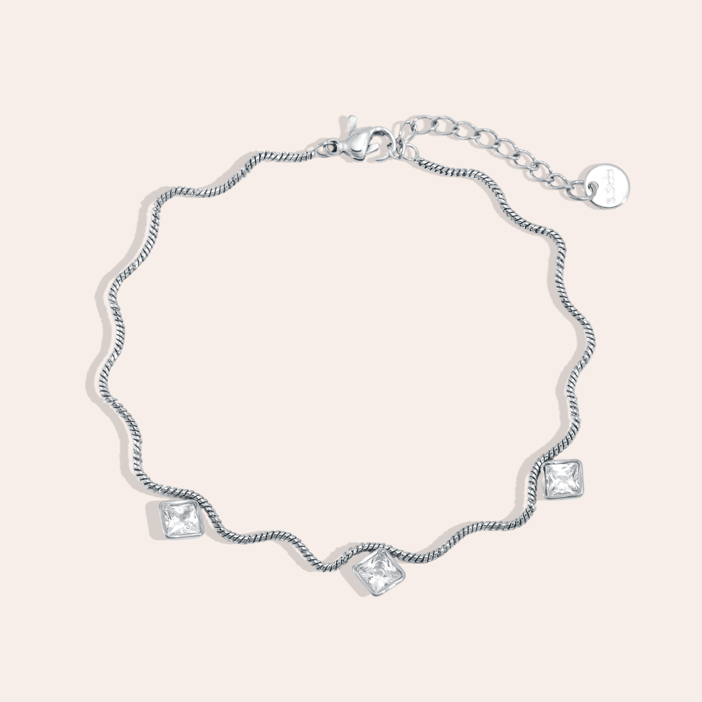 Edelstahl Armband 17cm Wellenkette mit Cube Zirkonia
