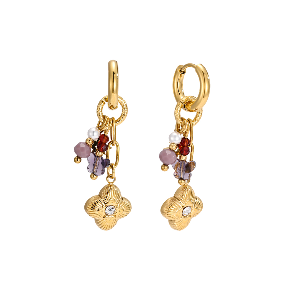 Edelstahl Ohrringe 42*14mm Goldene Blume mit lila Deko  