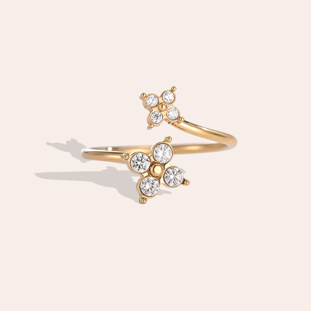 Edelstahl Ring Verstellbar Doppel Kleeblatt Zirkonia 