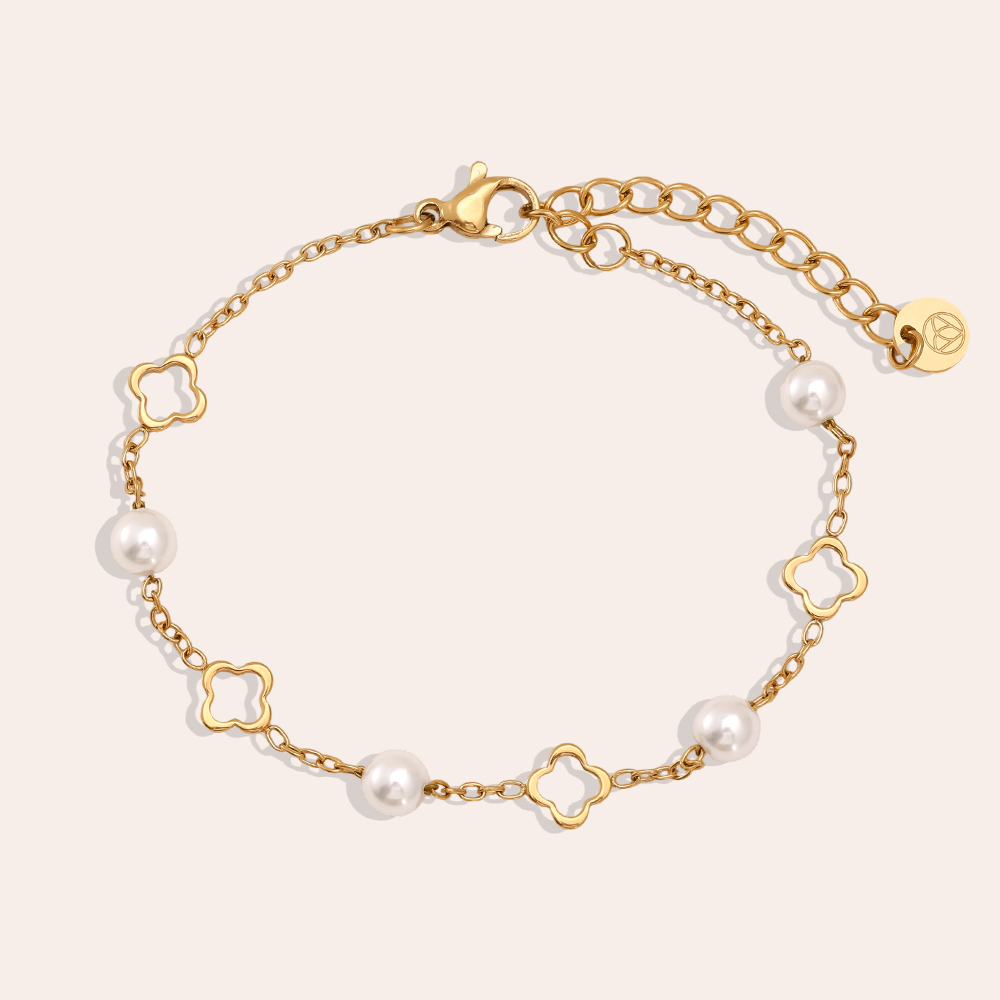 Edelstahl Armband 16cm Kleeblatt und Perlen