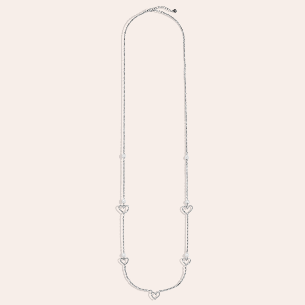 Edelstahl Halskette 95cm Offenes Herz Perlen