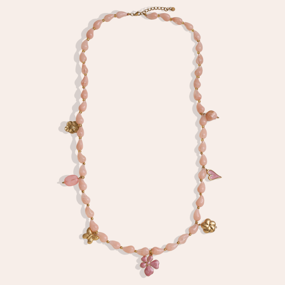 Edelstahl Halskette 89cm Kette mit Harztropfen und goldenen Schmetterling, Blume, Herz
